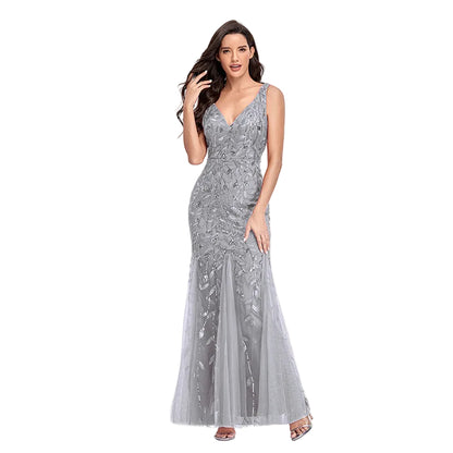 Evening Dress V-neck Tulle Embroidered Sequins Women Formal  silver Dress