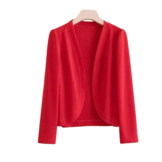 Short shawl cardigan in red with slim fit for everyday layering and workwear
