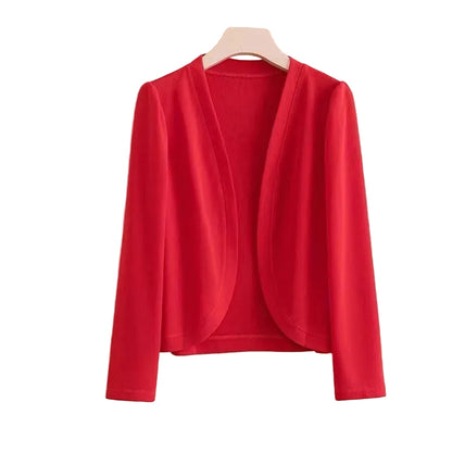 Short shawl cardigan in red with slim fit for everyday layering and workwear
