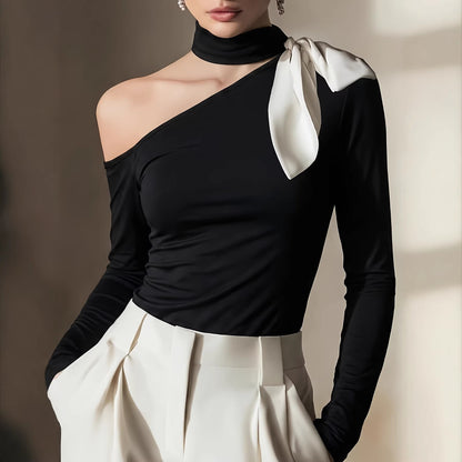 One-Shoulder Scarf Neck Top