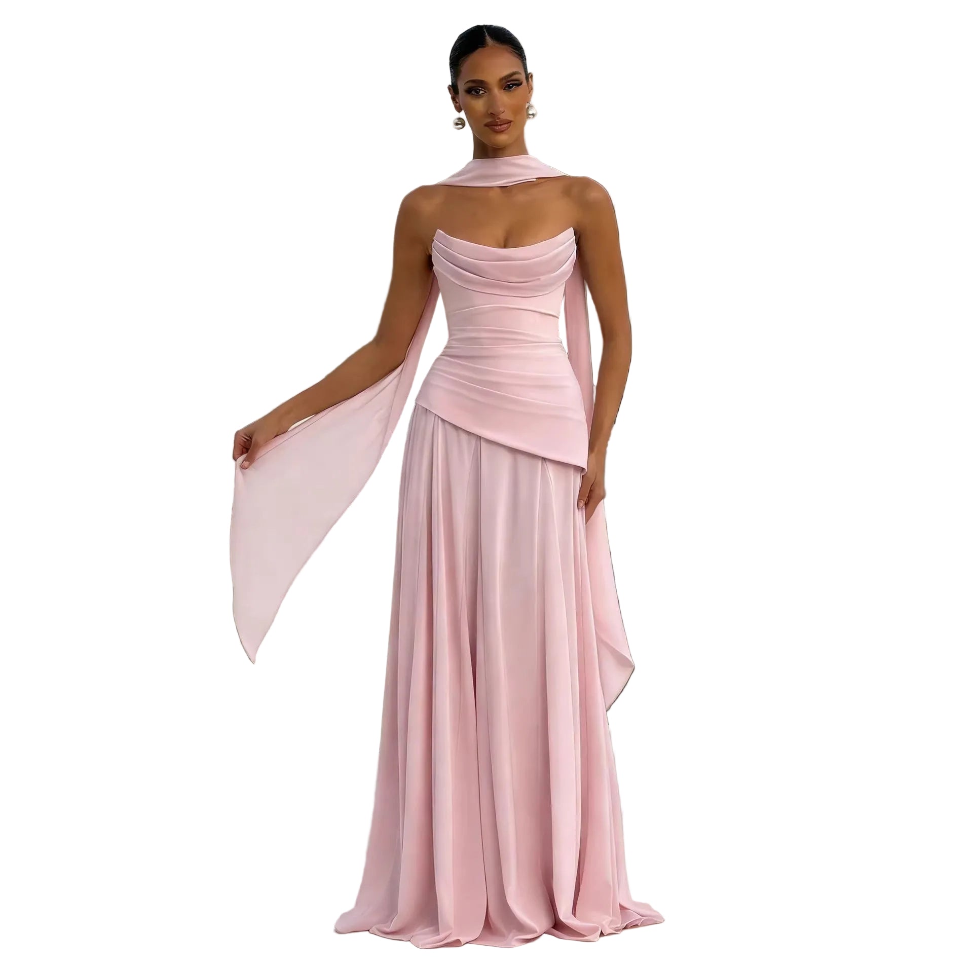 Blush pink asymmetric evening gown with strapless bodice and flowing maxi skirt