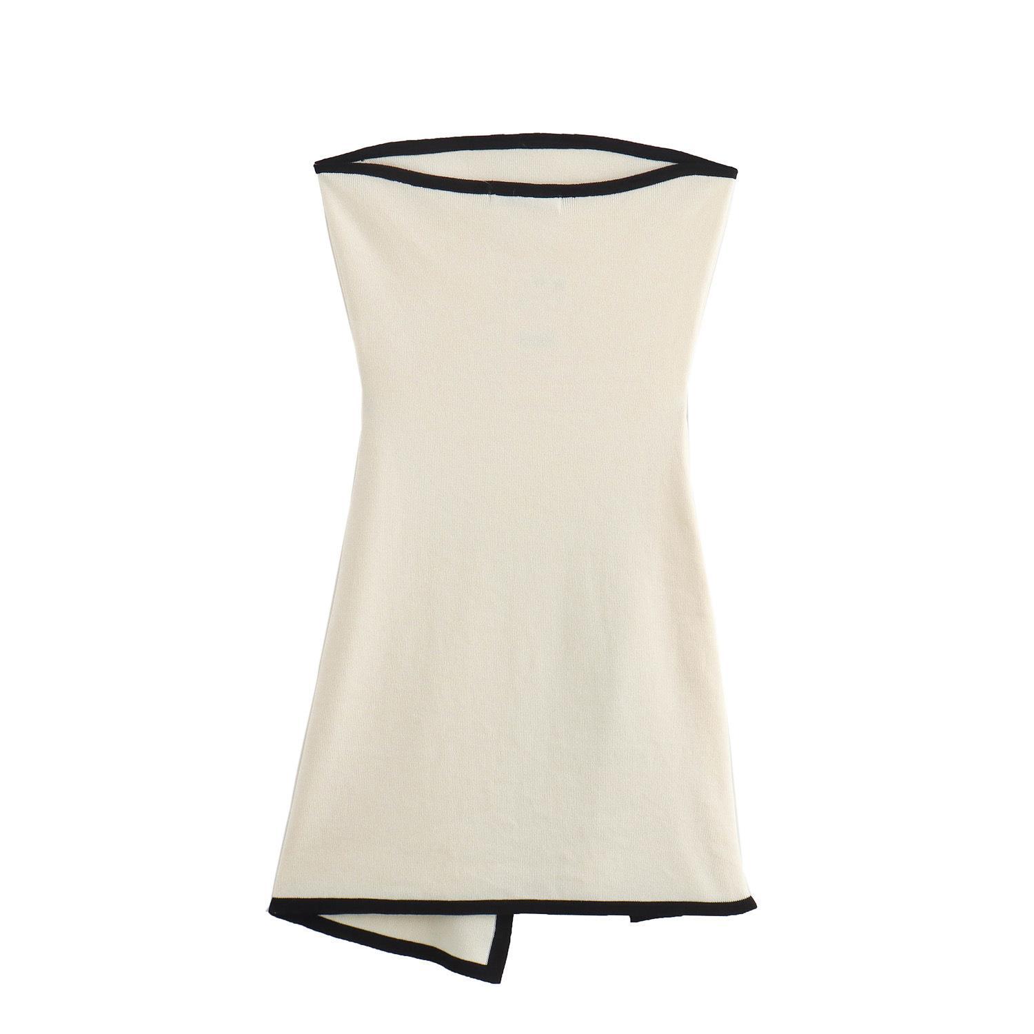 Women's strapless knit tube dress black contrast trim bow tie white

