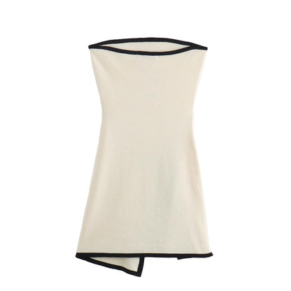 Women's strapless knit tube dress black contrast trim bow tie white

