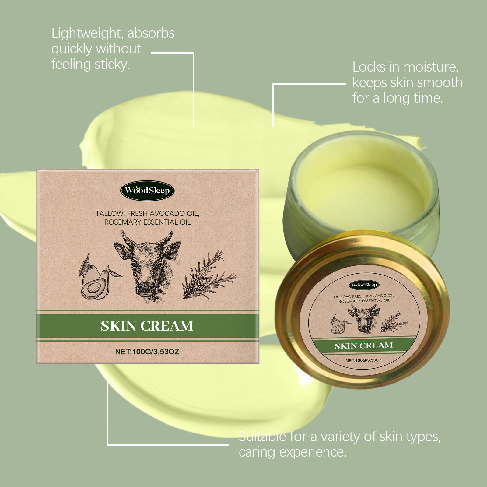 WoodSleep Skin Cream jar with natural ingredients