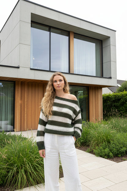 Loose fit stripe pullover sweater in green and white  – front view showing soft tonal stripe pattern and knit texture
