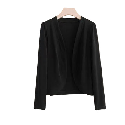 Women's solid colour slim fit short shawl cardigan in black  lightweight polyester
