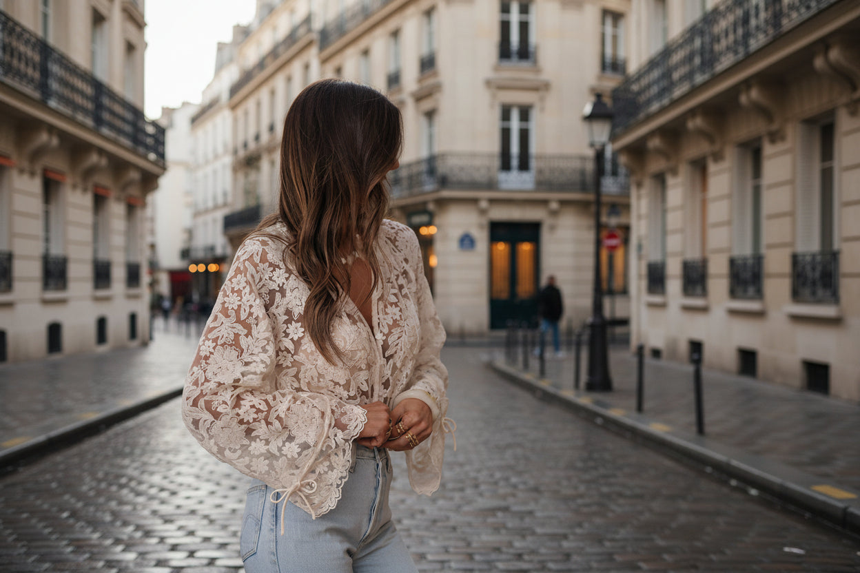 Lace trim blouse button-front long sleeve with drawstring cuffs for summer

