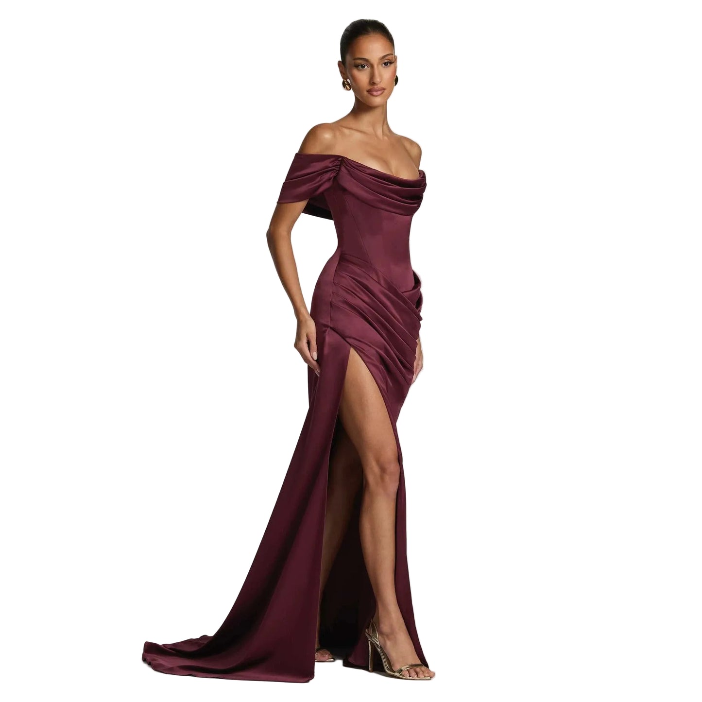 Satin Mermaid Elegant Gown with Off-Shoulder Draped Neckline, Corset Lace-Up Back, and Thigh-High Slit
