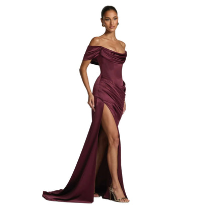 Satin Mermaid Elegant Gown with Off-Shoulder Draped Neckline, Corset Lace-Up Back, and Thigh-High Slit
