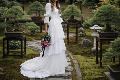 Women's elegant long sleeve lace bridal gown ivory white floor length
