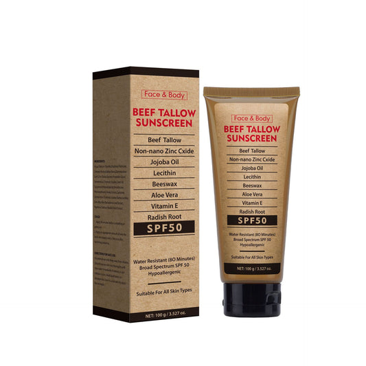 Organic beef tallow sunscreen SPF50 in jar with natural ingredients