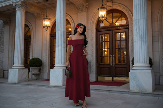 women off shoulder wine red A-line maxi dress elegant evening gown
