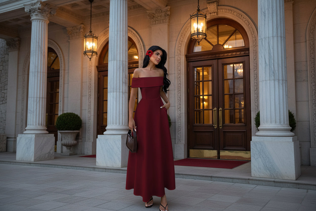 women off shoulder wine red A-line maxi dress elegant evening gown
