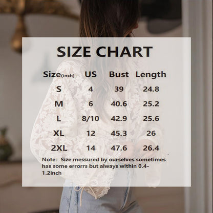 Size chart overlay on a blurred background with a person wearing a lace garment.