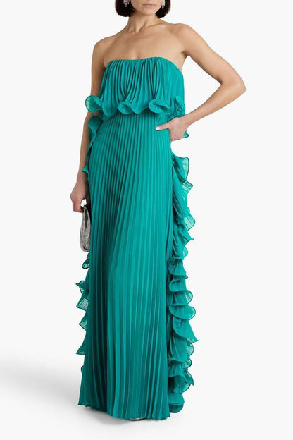 Teal strapless pleated ruffle chest wrap maxi dress – front view showing accordion pleating and ruffled bust overlay
