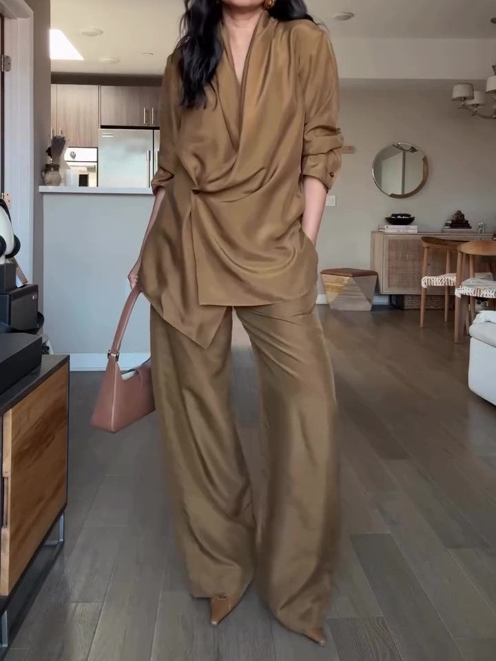 Satin Wrap Blouse & Wide-Leg Pants Set – view 3