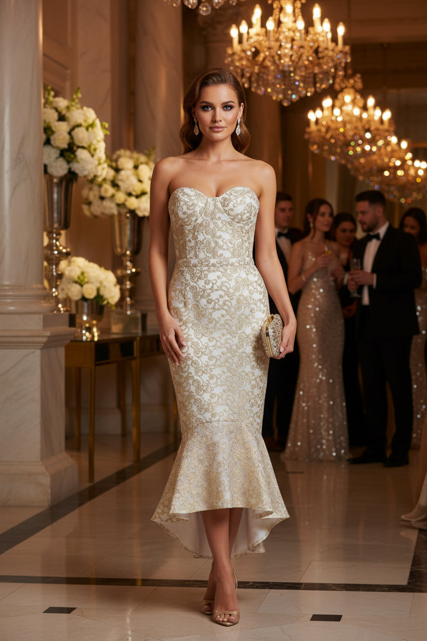 Elegant gold strapless gown with mermaid silhouette ideal for wedding