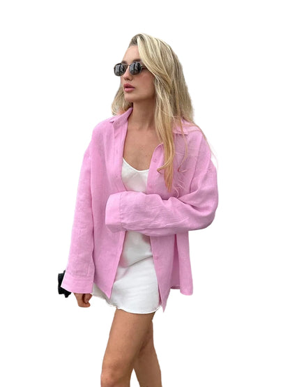 Women's solid color long sleeve loose cardigan blouse in pink – everyday layering top
