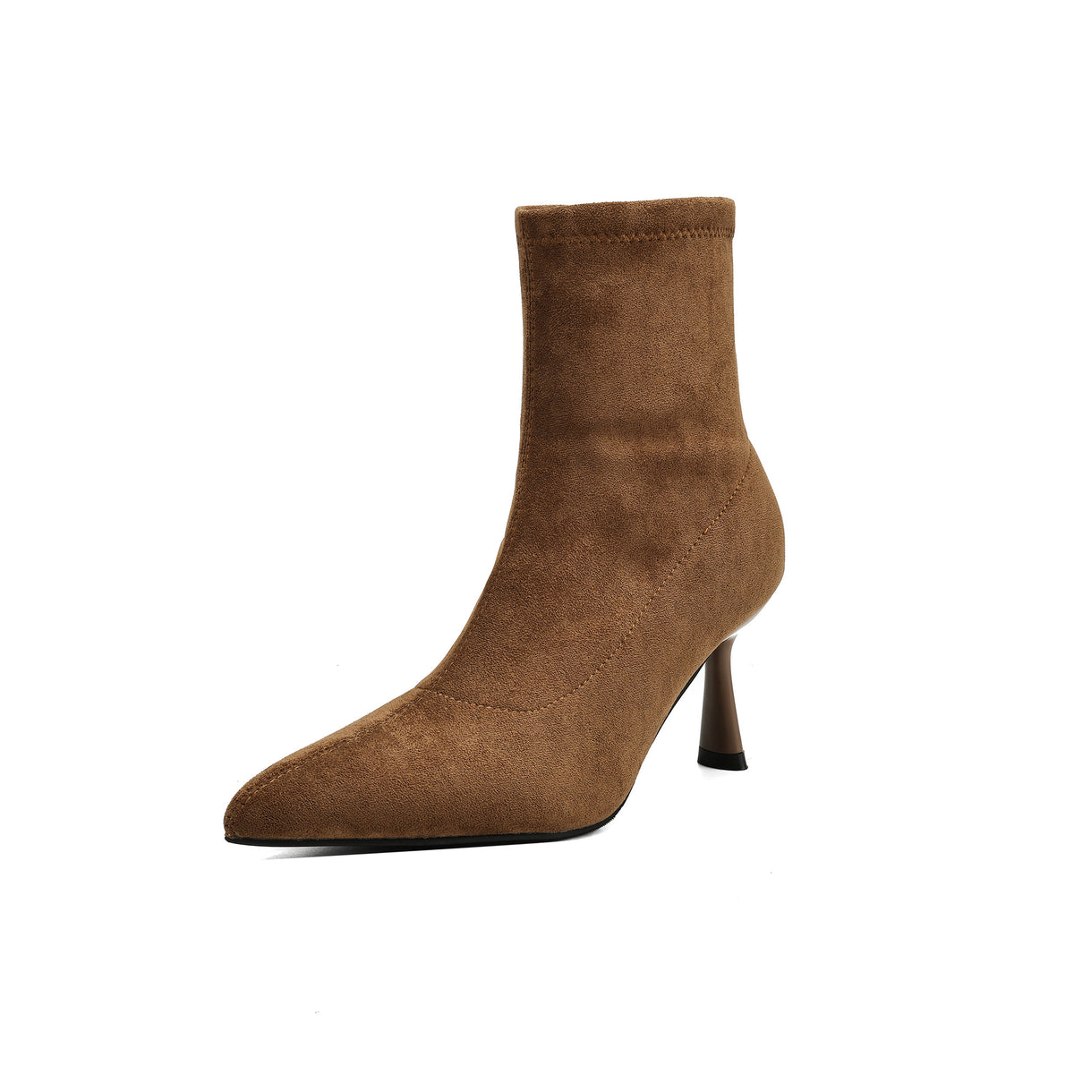 French-style Elegant Pointed-toe Suede High-heeled Stretch Slim-fit Boots in Camel Single Lining 5cm