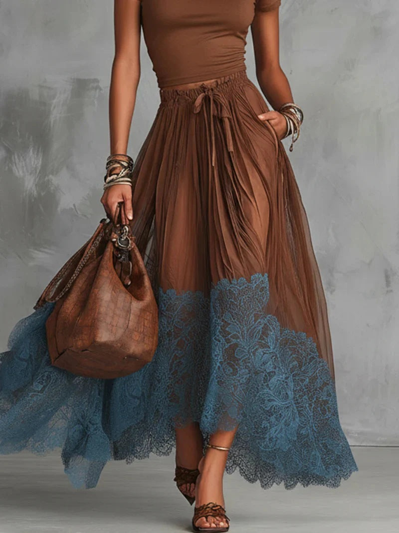 Short-sleeve Top And Lace-panel Midi Skirt Set