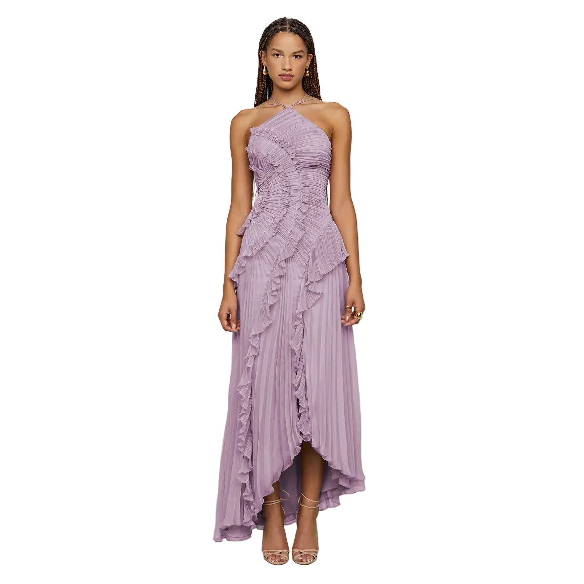 Woman wearing a purple one-shoulder dress with ruffled layers perfect for night out 