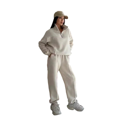 Y2K contrast stitch tracksuit set in beige – front view showing zip-up jacket and straight leg trousers
