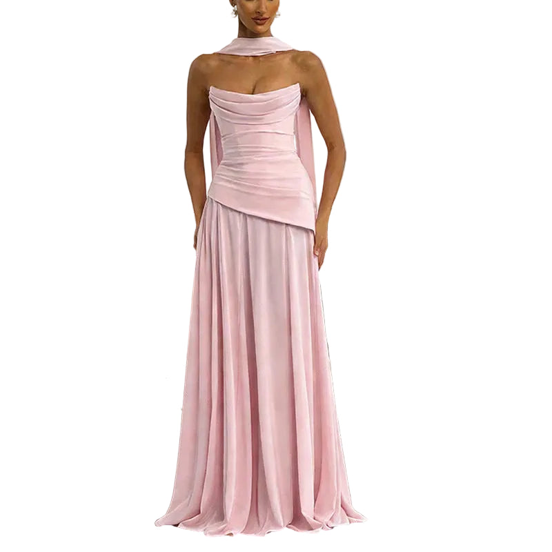 Asymmetric strapless gown with pleated bandage bodice and dramatic draped neckline for black-tie events"

