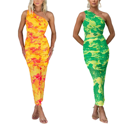 one shoulder ruched midi dress women green floral print bodycon sleeveless
