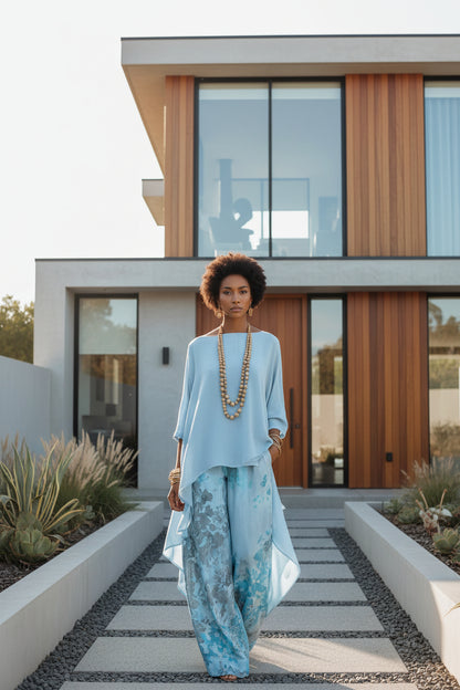 Korean casual style sleeveless knit co-ord set in light blue — sizes S to 3XL
