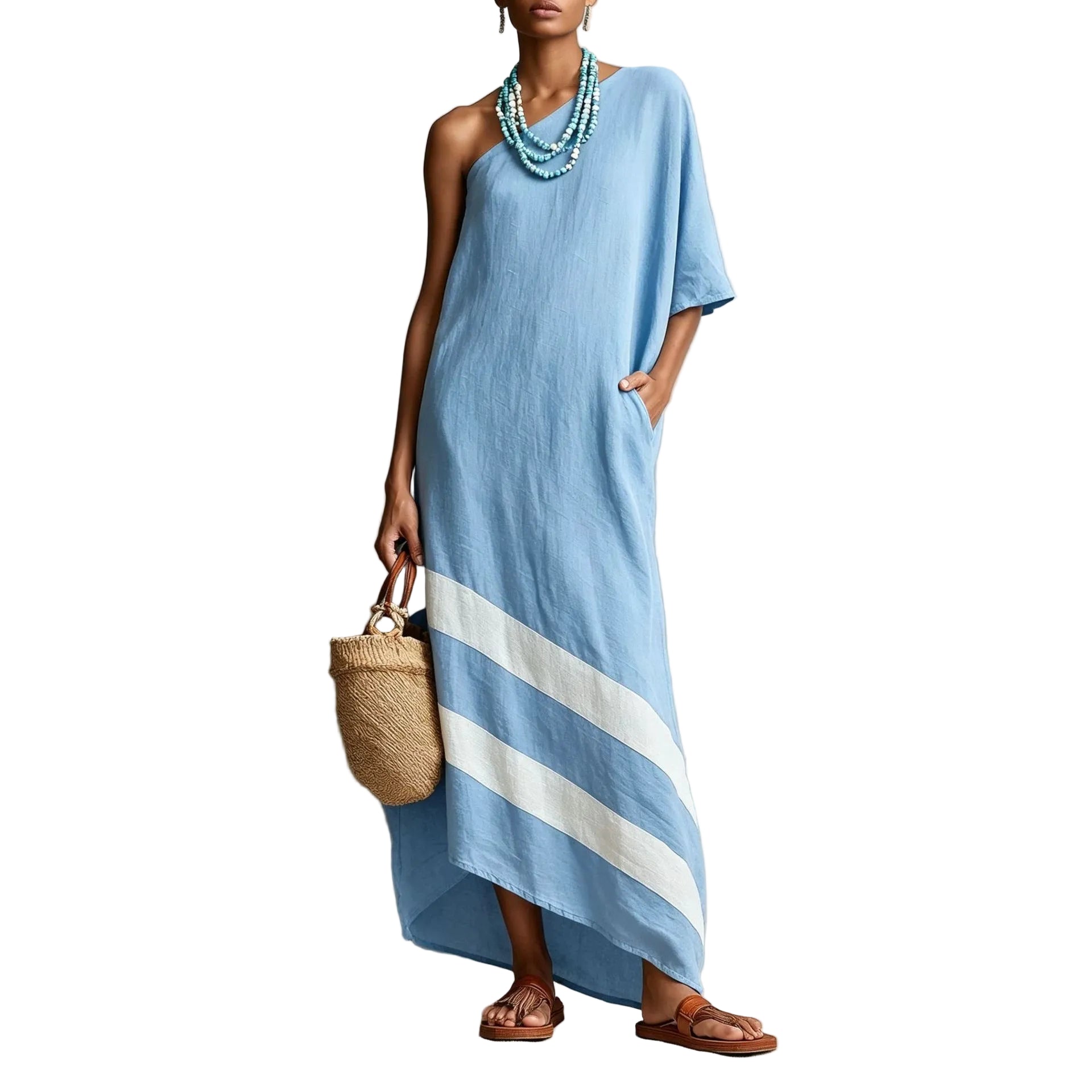 One-Shoulder Three-Quarter Sleeve Relaxed Maxi Dress with Asymmetric Diagonal Stripe Colour-Block Hem