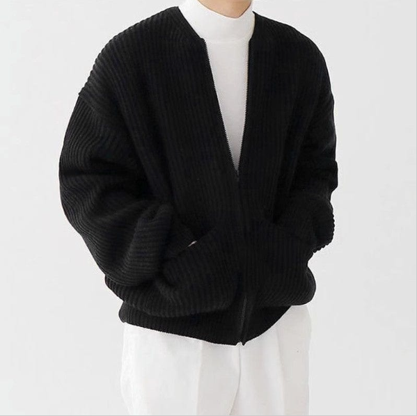 Dark blue men's zip-up knit cardigan with ribbed texture and long sleeve