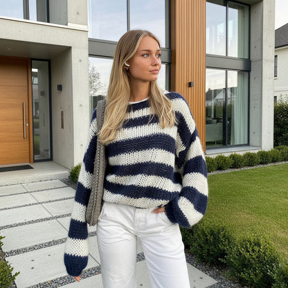 Striped knit pullover sweater in navy blue and white  – front view, medium weight loose fit polyester knit top

