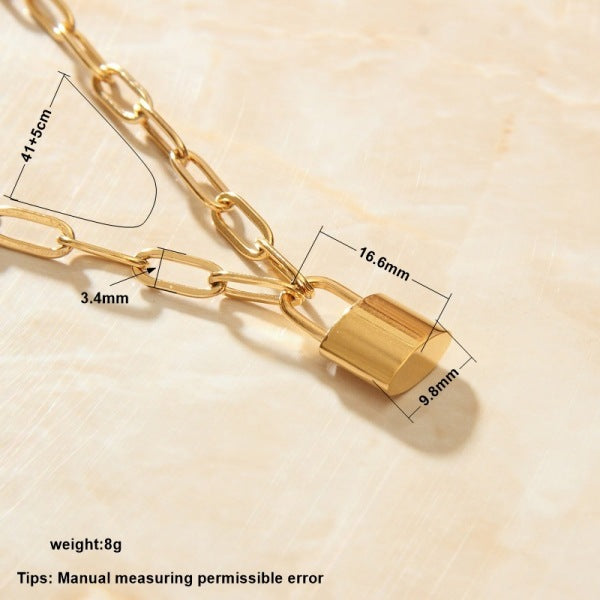 Gold chain with a padlock and measurements 