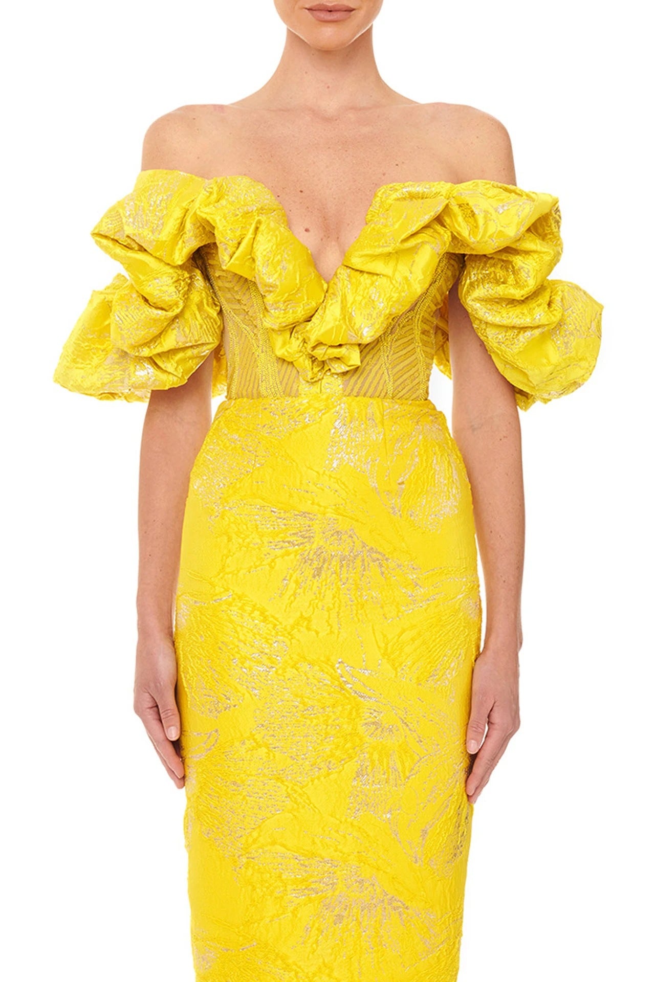 Women's yellow midi dress featuring high-waist silhouette and statement puff sleeves

