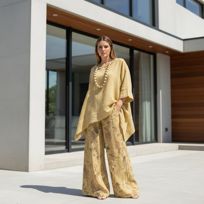 Relaxed fit long-sleeve irregular hem co-ord set in gold cotton linen blend
