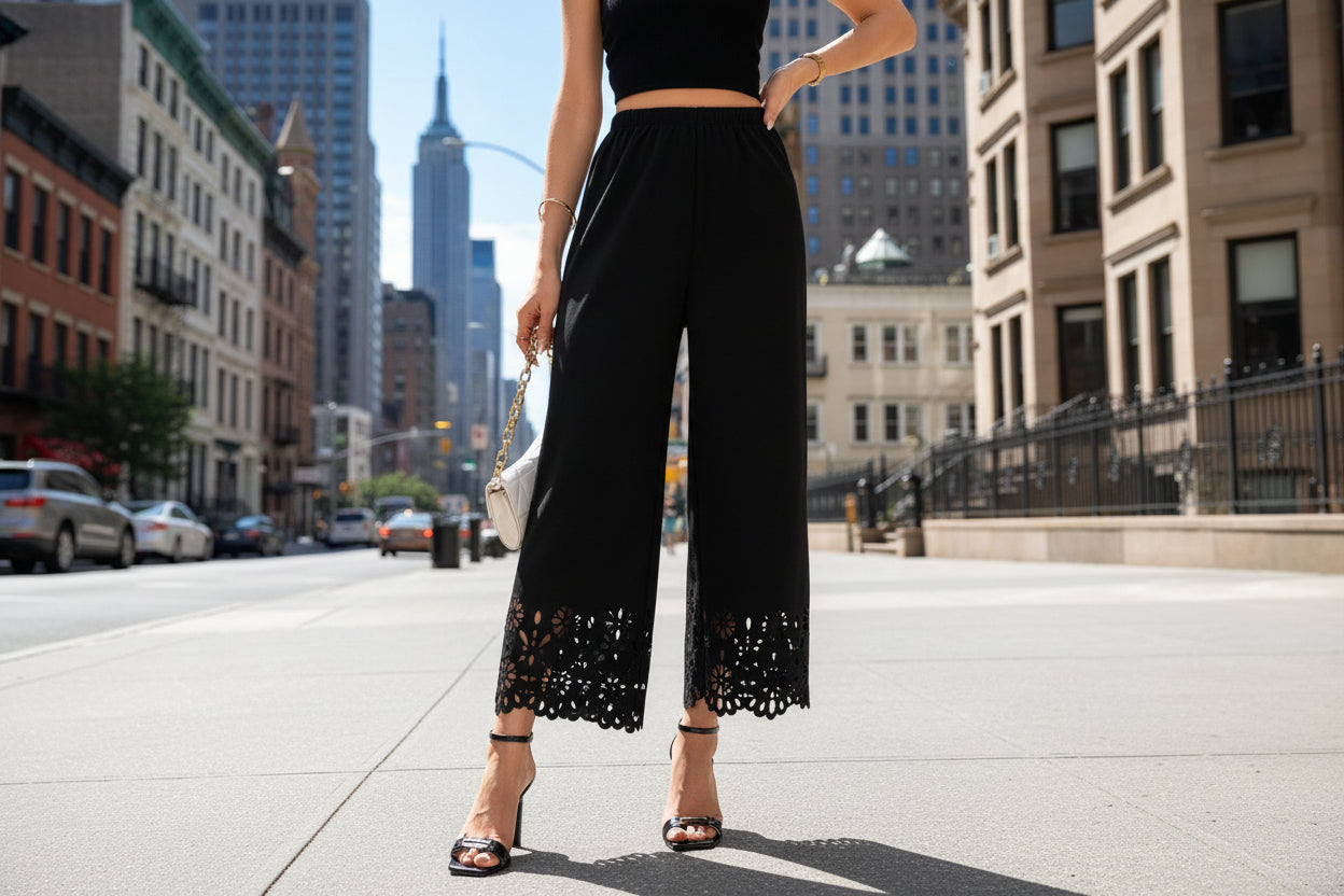 Women's black burnout lace wide leg trousers high waist dress pants

