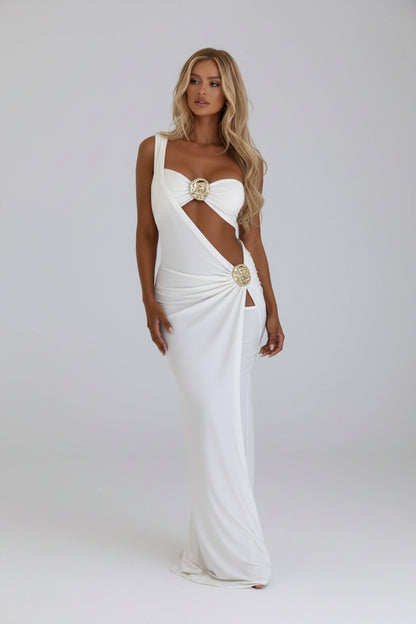 Asymmetric Single Strap White Maxi Gown with Sweetheart Bust, Midriff Cut-Out, and Gold Medallion Detail
