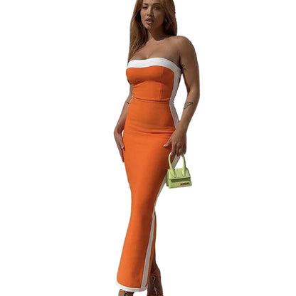 Strapless contrast white trim bandage bodycon maxi dress in black – front view, colour-block side panel detail

