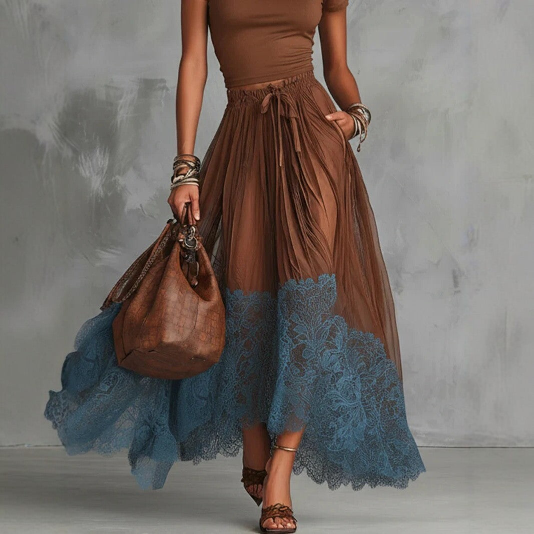 Short-sleeve Top And Lace-panel Midi Skirt Set