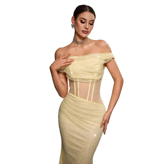 Sleeveless off-the-shoulder sequined mermaid evening gown in yellow – women's formal maxi dress

