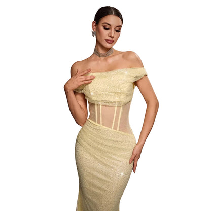 Sleeveless off-the-shoulder sequined mermaid evening gown in yellow – women's formal maxi dress

