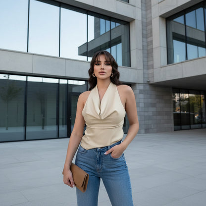 Backless halter tied tube top in beige  – front view 