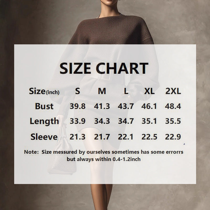Size chart overlay on a person wearing a brown sweater with a plain background