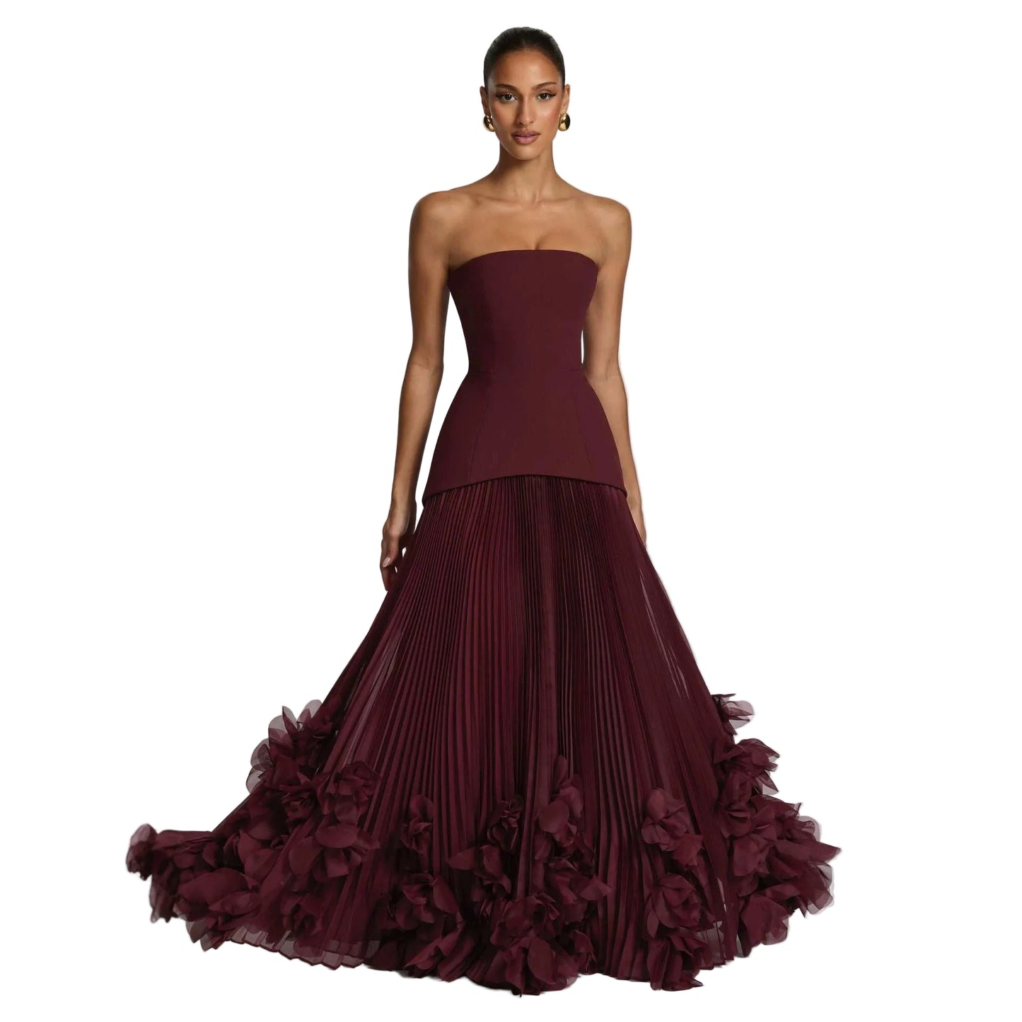 Structured Strapless Bodice Gown with Deep Accordion-Pleated Skirt and Floral Petal Hem Trim
