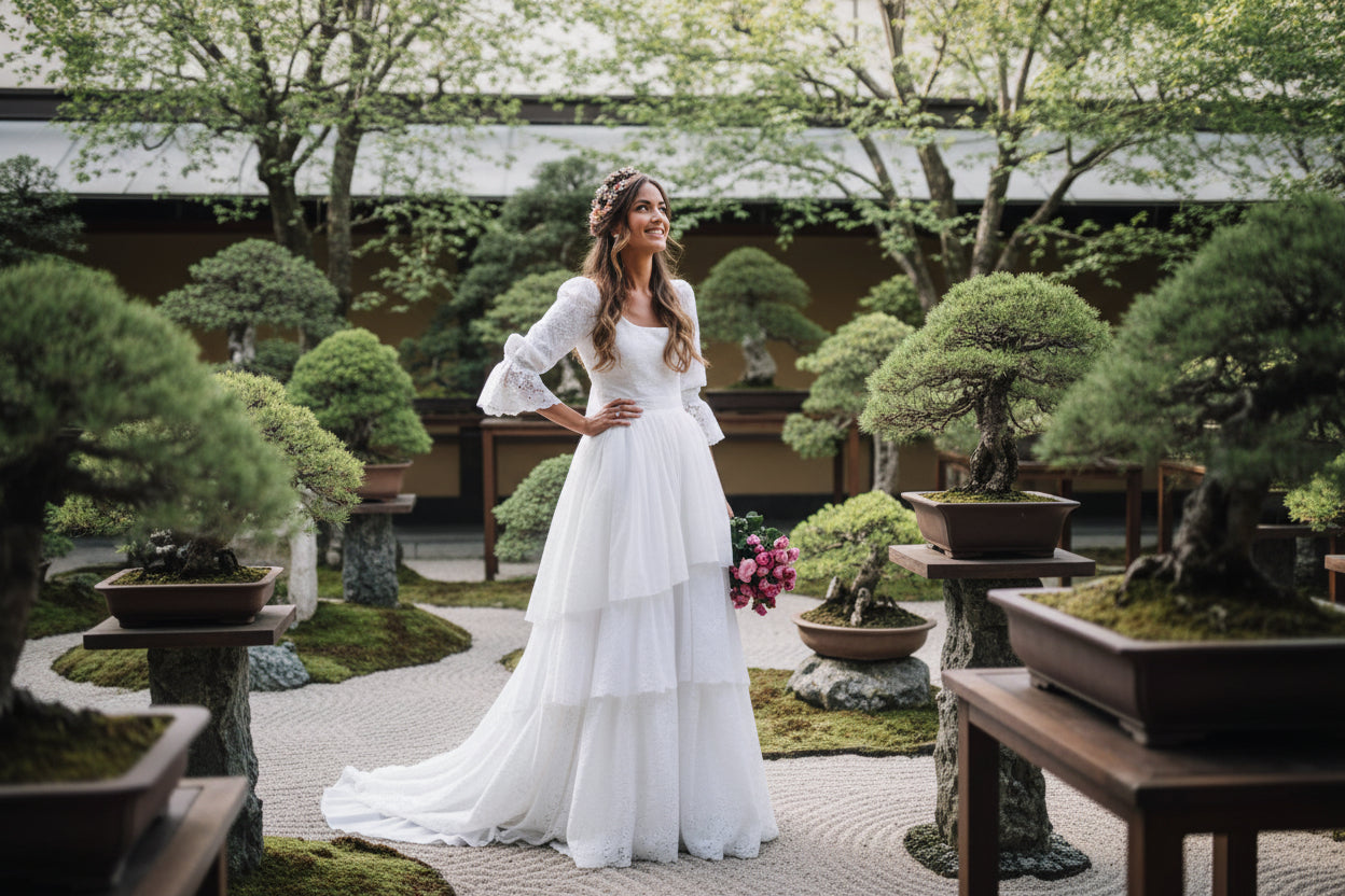 Long sleeve lace wedding dress in ivory white with intricate lace detailing

