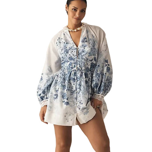 floral puff sleeve mini dress smocked waist

