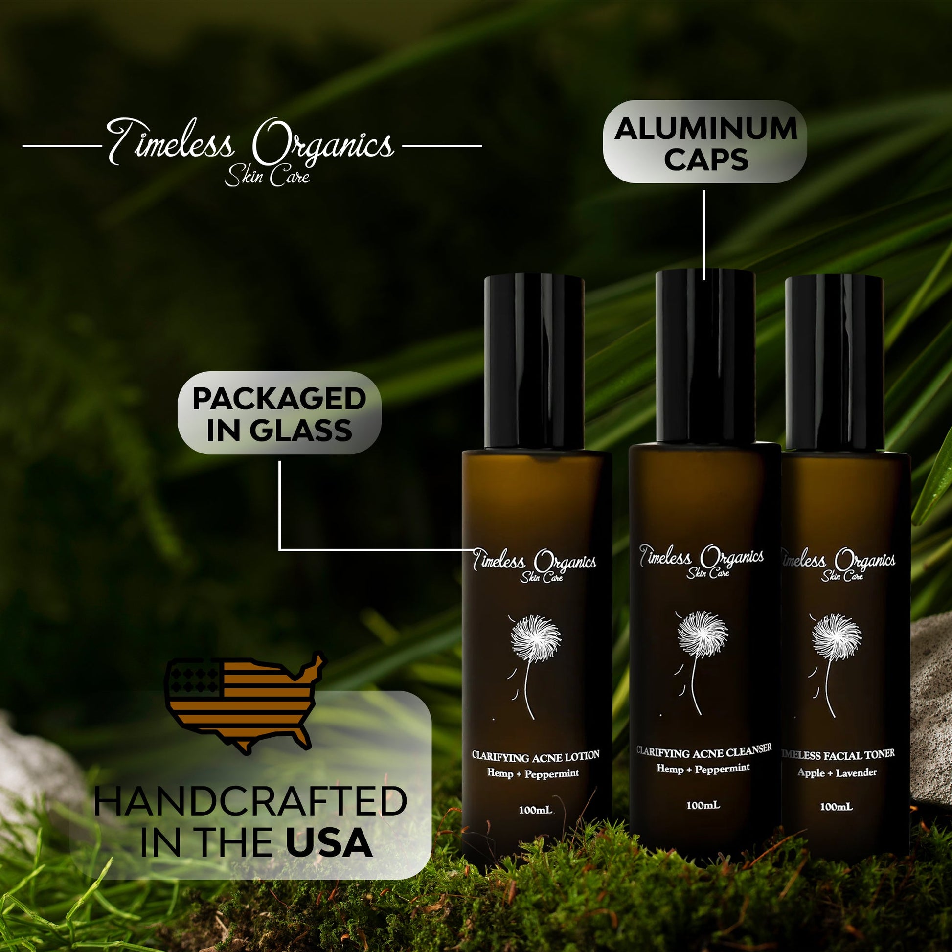 Three bottles of Timeless Organics skincare products with aluminum caps and glass packaged 