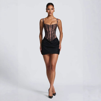 Sheer Lace Corset Draped Mini Dress
