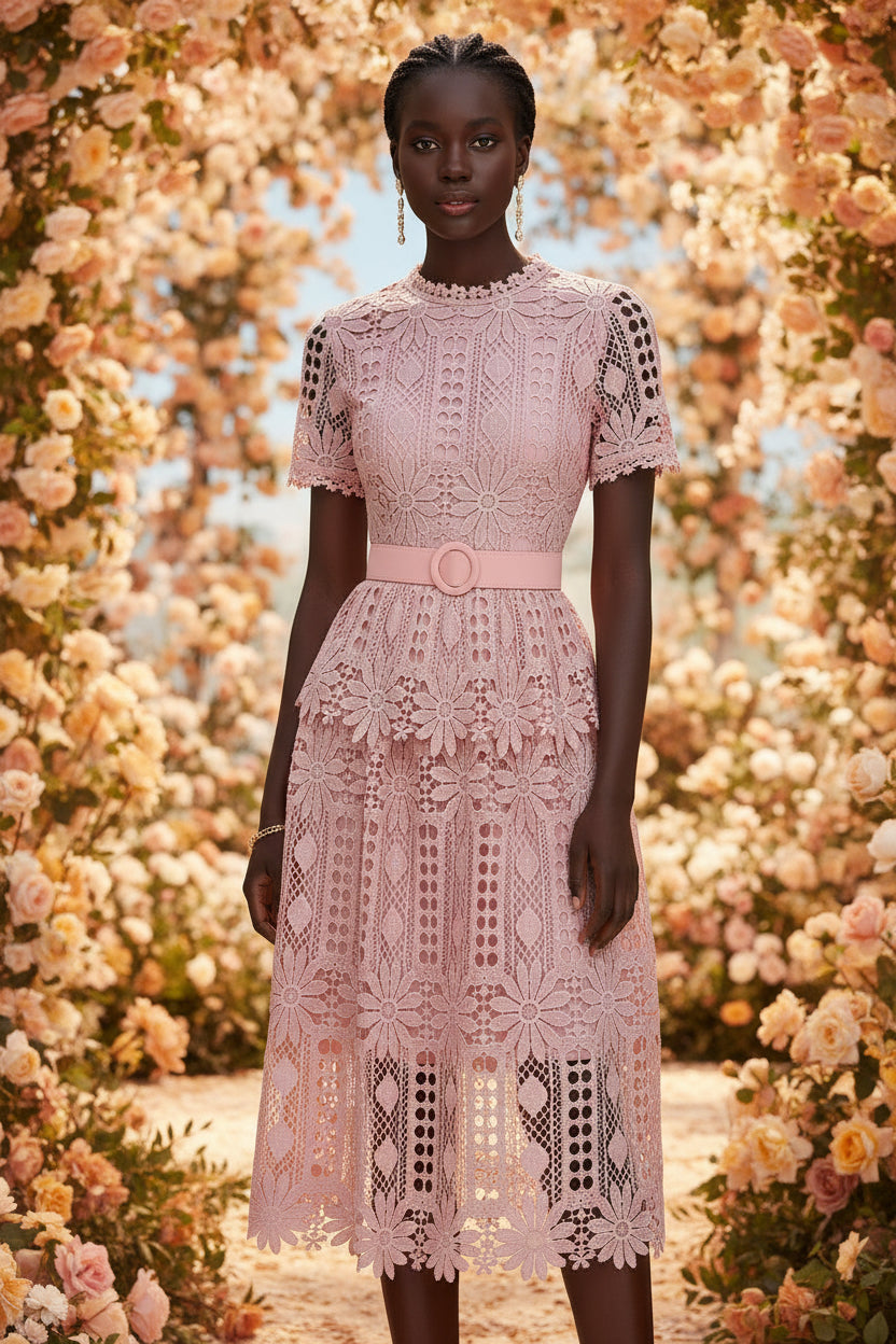 Woman wearing a short sleeves pink lace dress 