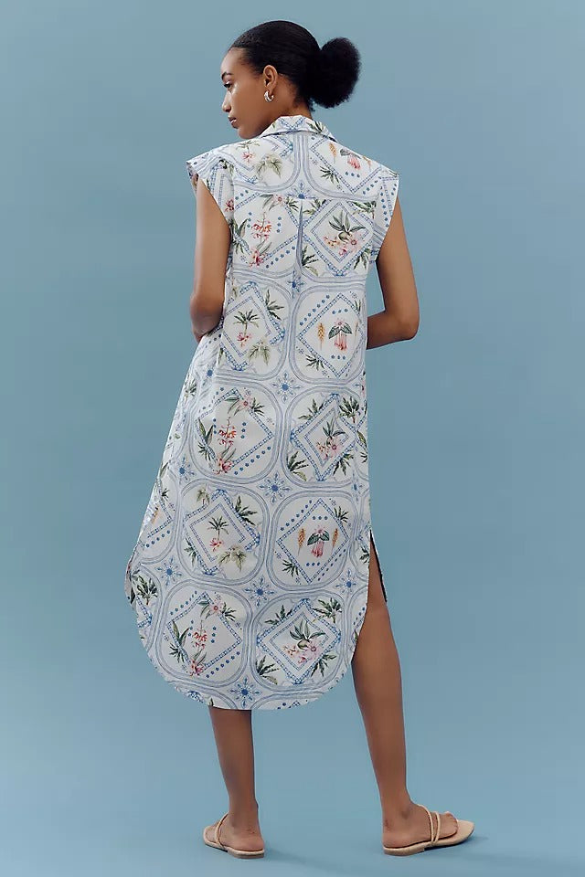 vintage print collared shirt dress midi length
